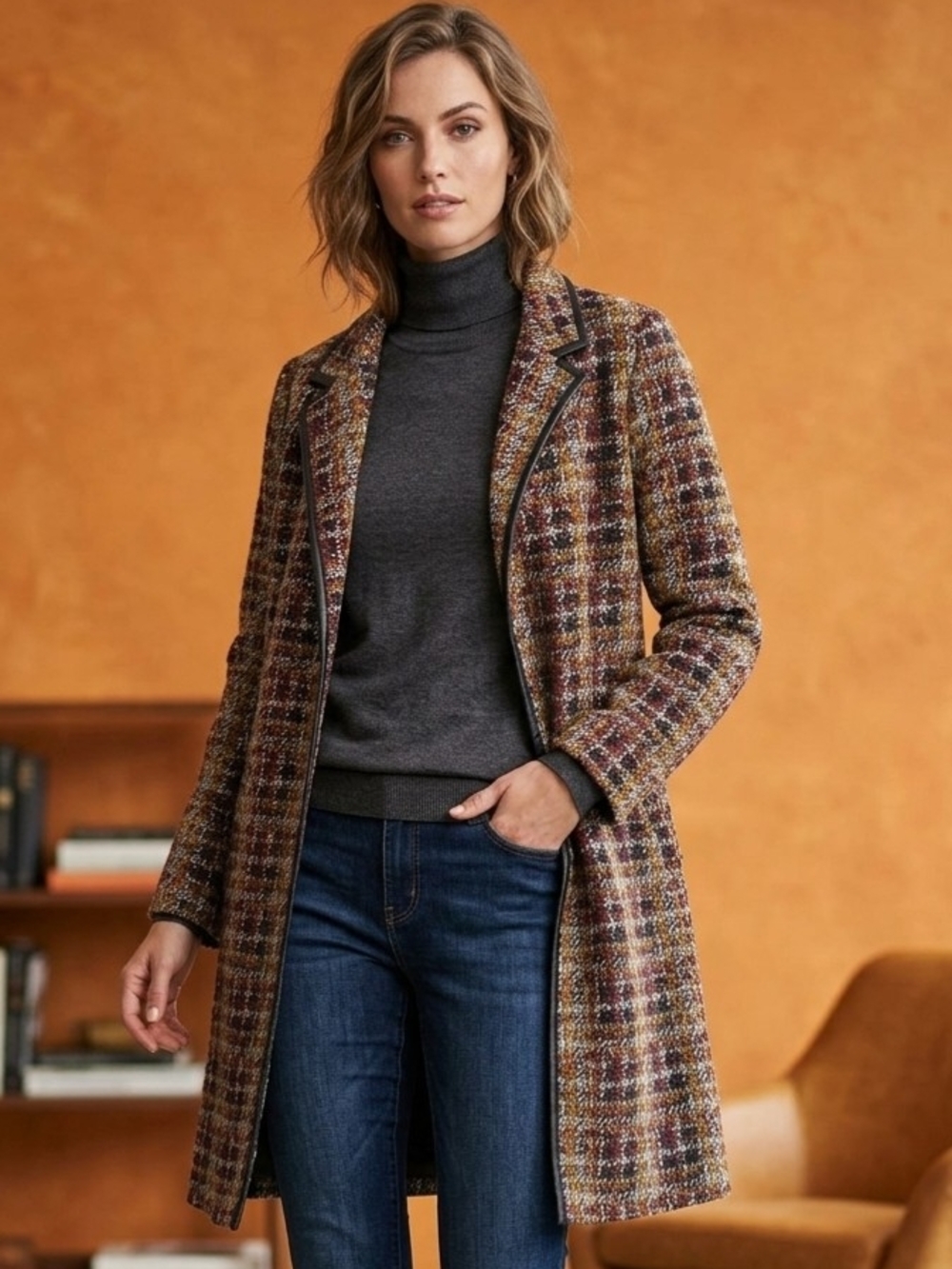 Plaid Tweed Trench Coat - Brown Multi